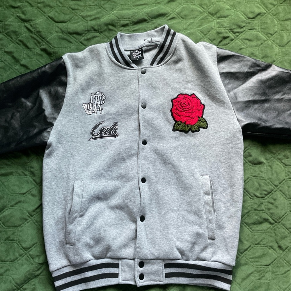 Gray and Black Varsity Jacket with Rose Patch